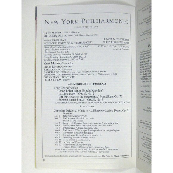 New York City Philharmonic Stagebill 2000 Lincoln Center Mendelssohn Celebration - Picture 7 of 9